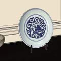 Decorative Ornament Set With Blue And White Porcelain Plate On Stand And Small Ornaments