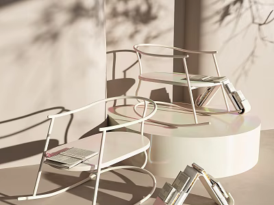 Modern Minimalist Leisure Chair With Curved White Metal Frame And Natural Light Shadow 3d model