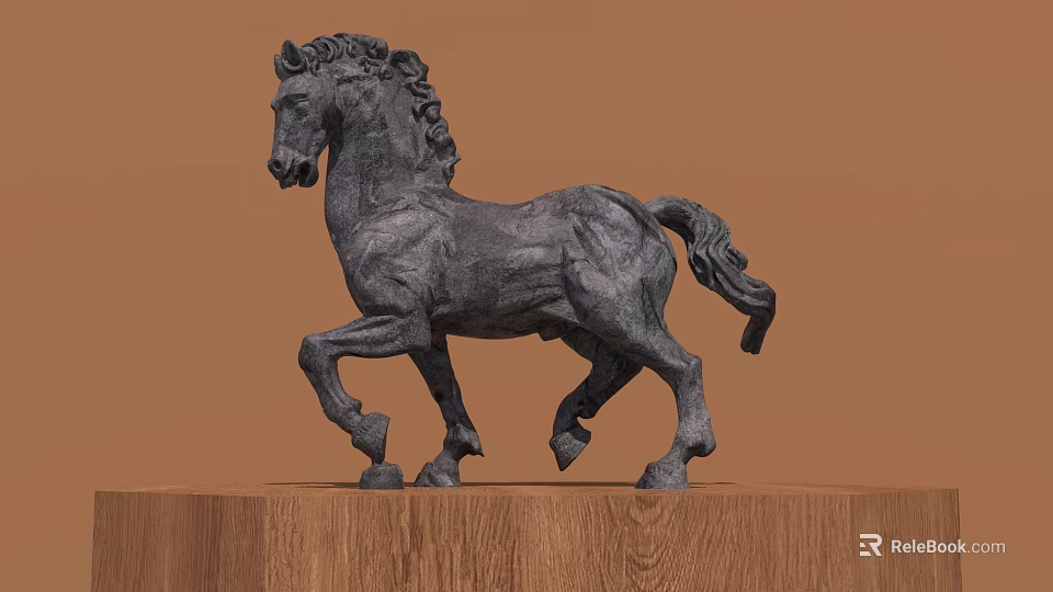 Bronze Horse Sculpture in Running Stance on Wooden Base with Artistic Details 3d model 
