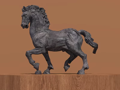 Bronze Horse Sculpture in Running Stance on Wooden Base with Artistic Details 3d model