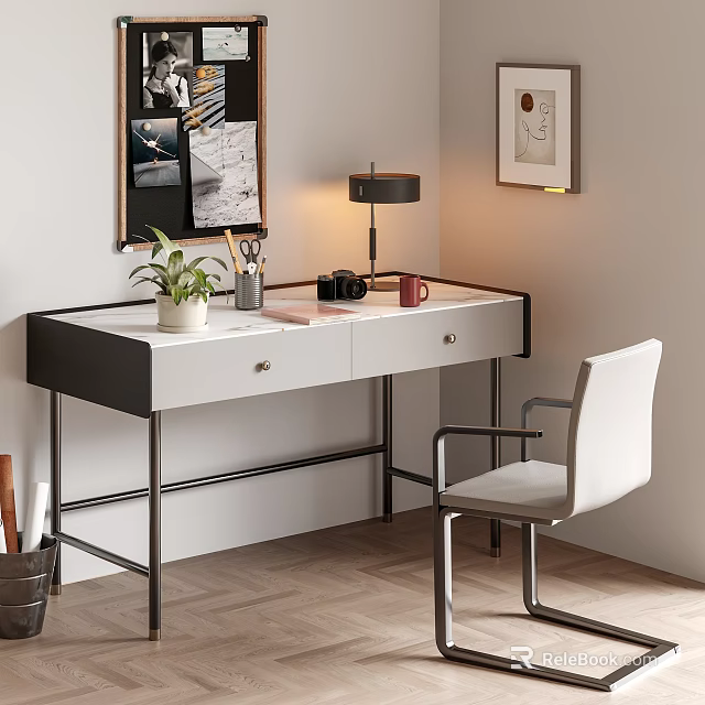 Modern Home Office Desk With White Desktop Black Frame Drawers Chair And Table Lamp 3d model 