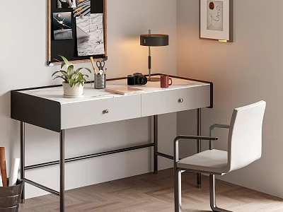 Modern Home Office Desk With White Desktop Black Frame Drawers Chair And Table Lamp 3d model