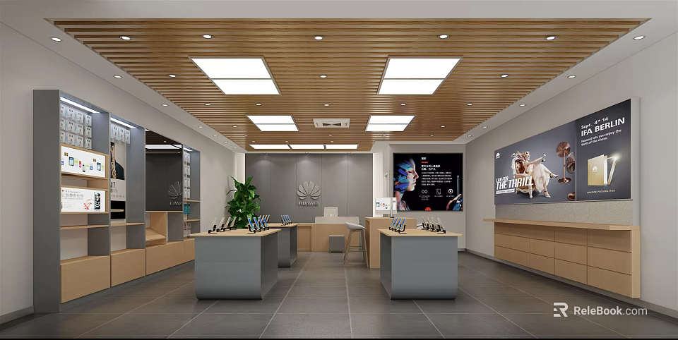 Modern Digital Store Interior With Open Display Counters Huawei Logo Electronic Products And Bright Lighting 3d model 