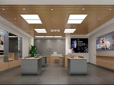 Modern Digital Store Interior With Open Display Counters Huawei Logo Electronic Products And Bright Lighting 3d model