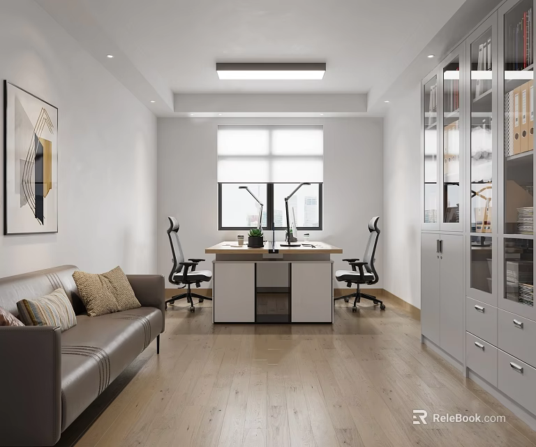 Modern Office Interior With Sofa Wooden Desk Ergonomic Chairs Large Window And Glass Cabinet 3d model 