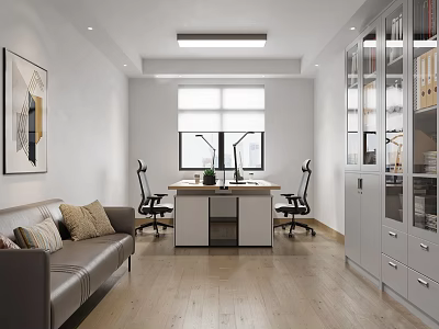 Modern Office Interior With Sofa Wooden Desk Ergonomic Chairs Large Window And Glass Cabinet 3d model