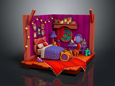 Cartoon Room Interior Scene With Wooden Frame Purple Curtains Blue Star Bed And Red Rug 3d model