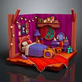 Cartoon Room Interior Scene With Wooden Frame Purple Curtains Blue Star Bed And Red Rug