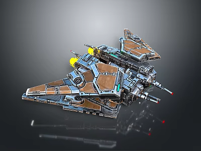 Sci-Fi Spaceship Model With Multiple Wings Brown Blue Metallic Colors Yellow Lights And Weapon Components 3d model