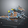 Sci-Fi Spaceship Model With Multiple Wings Brown Blue Metallic Colors Yellow Lights And Weapon Components