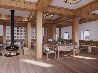 Hotel Public Lounge Area With Wooden Beams Fireplace And Grid Wall Decor 3d model