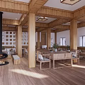 Hotel Public Lounge Area With Wooden Beams Fireplace And Grid Wall Decor