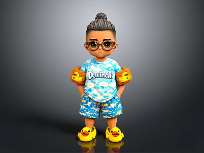Cute Cartoon Boy Character Wearing Panda Print Shirt And Yellow Duck Shoes 3d model