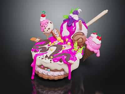 Decorated Dessert Assortment with Ice Cream Cones Cake Purple Drizzle Fresh Cherries and Chocolate Toppings 3d model