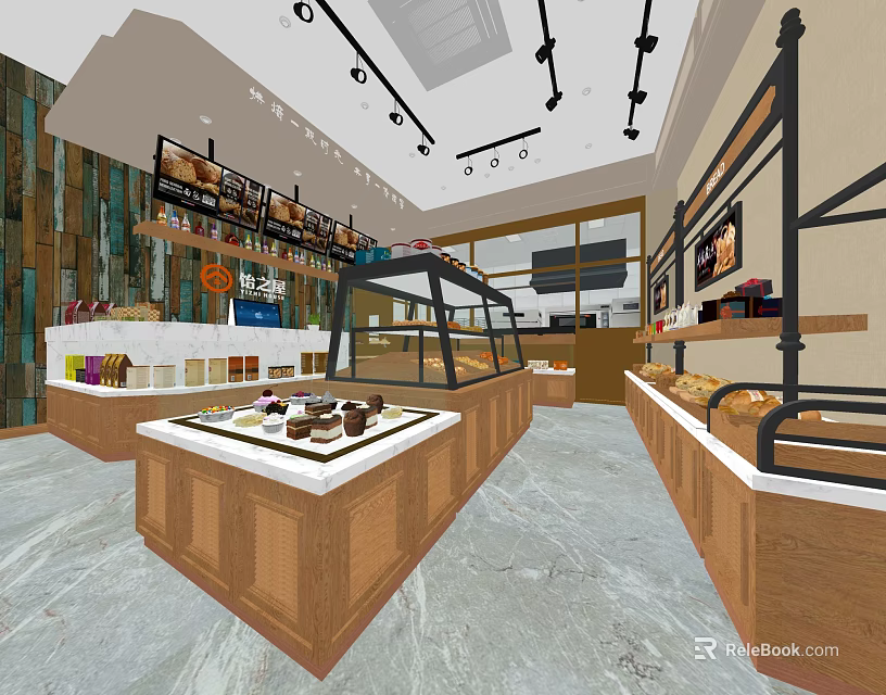Modern Dessert Shop Interior With Wooden Display Counters And Glass Cases For Fresh Pastries 3d model 