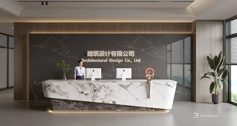 Modern Architectural Design Firm Reception Desk With Marble Countertop Computers Potted Plant And Signage 3d model 
