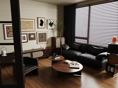 Living Room Interior With Black Sofa Round Wooden Coffee Table Decorative Paintings And Window Blinds 3d model