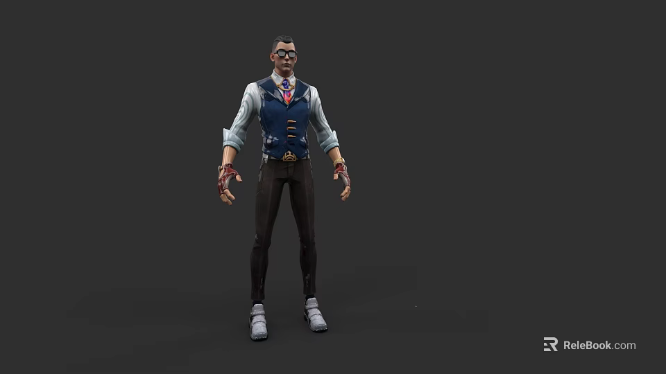 Game Movie Character Male 3D Model With Blue Vest White Shirt Black Pants And Glasses 3d model 