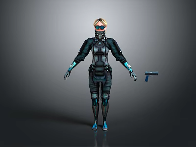 Advanced Futuristic Female Character In Tactical Tech Armor With Blue Accents And Handgun 3d model