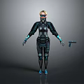 Advanced Futuristic Female Character In Tactical Tech Armor With Blue Accents And Handgun