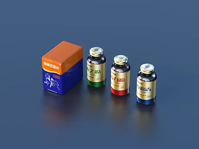 Orange And Blue Vitamin Box With Three Small Bottles Different Colored Caps 3d model