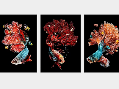 Vibrant Betta Fish Animal Paintings Featuring Red Blue Colors Coral Elements and Black Background 3d model