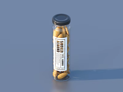 Transparent Glass Food Storage Bottle with Black Lid Filled with Almonds and Label 3d model