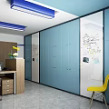 Modern Office Interior With Blue White Walls Wooden Doors Desk Chair Water Dispenser And Bookshelf