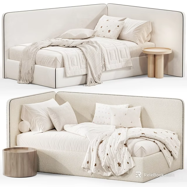 Modern Soft Beige Upholstered Kids Bed With Cozy Star Patterned Bedding And Light Wooden Nightstands 3d model 