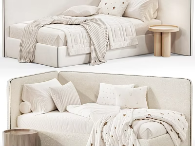 Modern Soft Beige Upholstered Kids Bed With Cozy Star Patterned Bedding And Light Wooden Nightstands 3d model