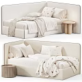 Modern Soft Beige Upholstered Kids Bed With Cozy Star Patterned Bedding And Light Wooden Nightstands