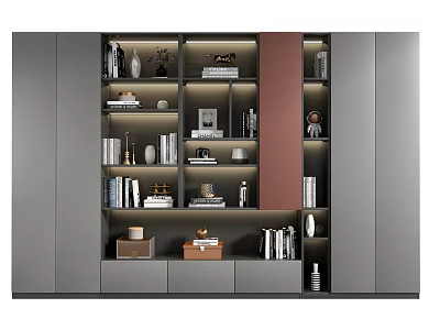 Modern Bookcase with Gray Brown Panels Open Closed Compartments LED Lighting and Decorative Items 3d model