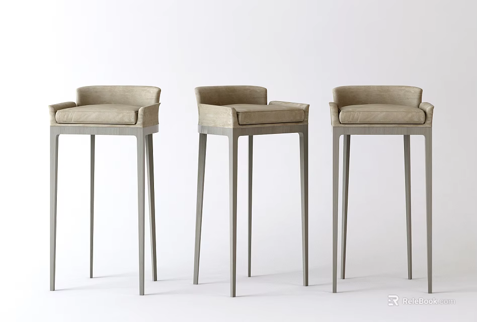 Three Modern Bar Stools Featuring Backrest Metal Legs And Upholstered Seats Design 3d model 