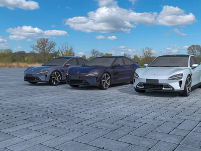 Three Modern Cars Parked On Paved Ground Under Blue Sky 3d model
