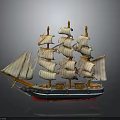 Detailed Model Sailboat With Multiple Masts White Sails And Colorful Hull