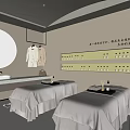 Modern Beauty Salon Interior With Two Treatment Beds Hanging White Towels Mirror And Product Shelves