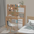 Wooden Home Desk With Bookshelf Photos Plants Drawers And White Chair