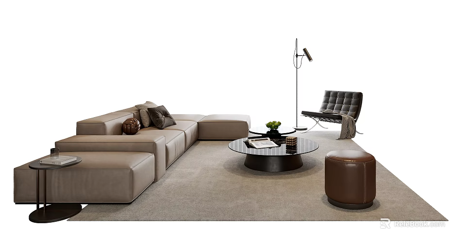 Modern Living Room Beige L shaped Sofa and Glass Top Coffee Table Set with Accent Pillows 3d model 