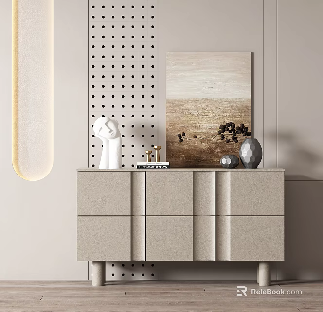 Modern Console Sideboard Cabinet With Sculpture Artwork Frame Vase And Dot Pattern Wall Lighting 3d model