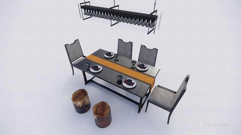 Modern Dining Table Set With Gray Chairs Tableware And Hanging Rack 3d model 