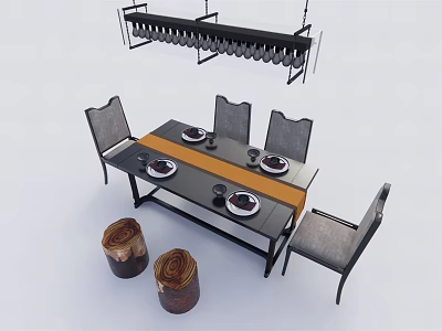 Modern Dining Table Set With Gray Chairs Tableware And Hanging Rack 3d model