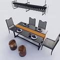Modern Dining Table Set With Gray Chairs Tableware And Hanging Rack 3d model