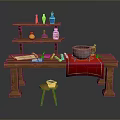 Wooden Work Desk With Three Tiered Shelf Colorful Bottles Scroll Quill Red Cloth And Stool