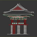 Cartoon Scene of Traditional Korean Architecture With Colorful Roof Red Pillars And Green Decorations