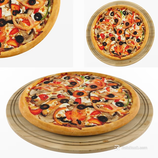 Delicious Freshly Baked Pizza With Tomatoes Black Olives Onions And Golden Crust On Wooden Tray 3d model 