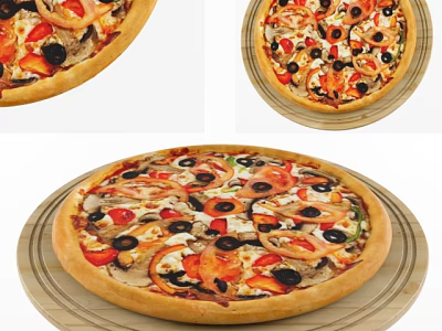 Delicious Freshly Baked Pizza With Tomatoes Black Olives Onions And Golden Crust On Wooden Tray 3d model