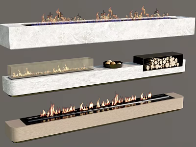 Modern Fireplace Designs With Marble Surround Burning Flames Firewood Storage And Decorative Tray 3d model
