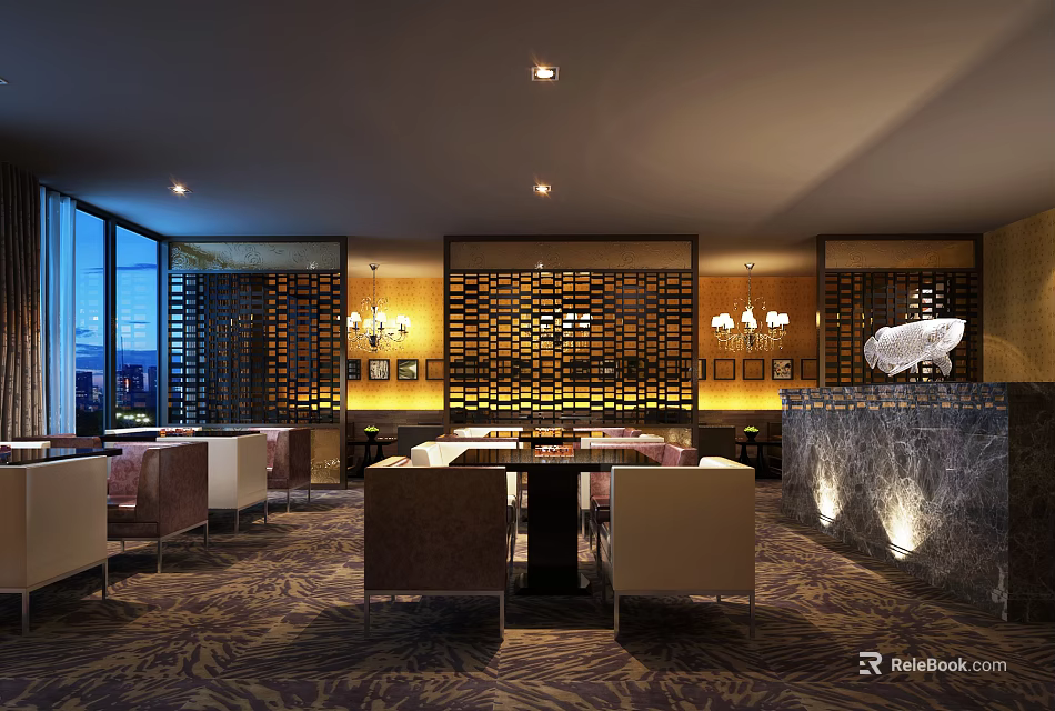Modern Restaurant Interior With Lattice Partition Pendant Lights Comfortable Seating And Large Windows 3d model 