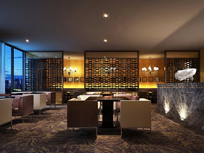 Modern Restaurant Interior With Lattice Partition Pendant Lights Comfortable Seating And Large Windows 3d model