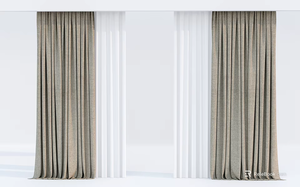 Modern Gray And White Double Layer Window Curtains With Sheer Fabric 3d model